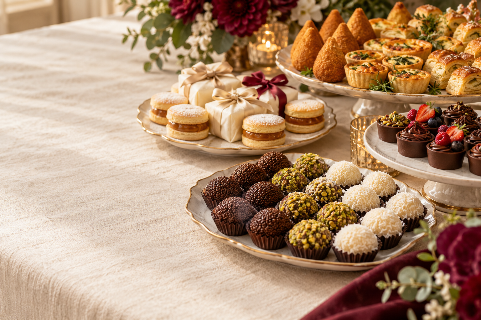 Mesa ilustrativa com doces de festa, bem-casados e salgados